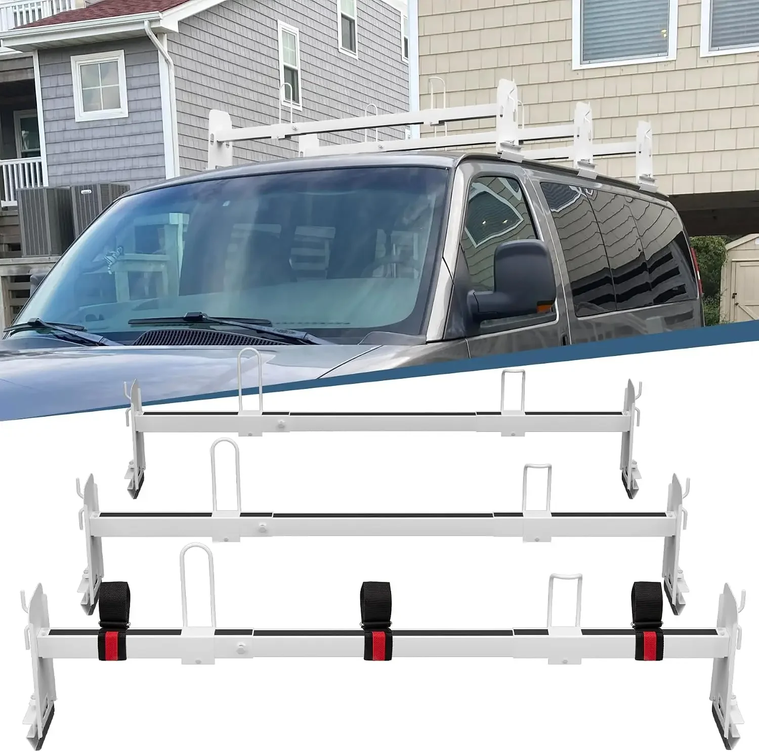 Universal Van Roof Ladder Rack, White, 2 Bar Set | Adjustable Length 41.5''- 70'', Fit for Chevy Express 1500 2500 3500 Ford Eco