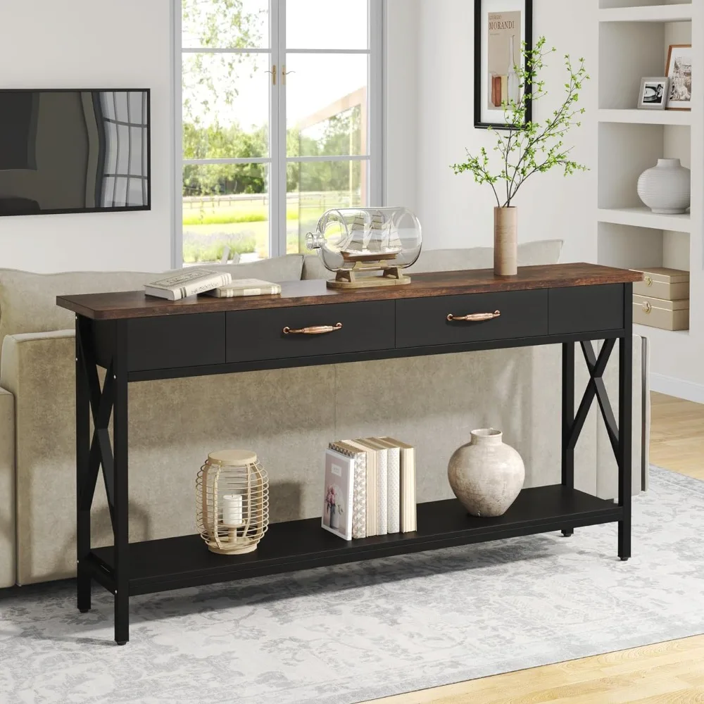 70.9 inch Console Table with 2 Drawers, Long Sofa Tables with Large WoodTabletop Heavy Duty Metal Frame for Entryway