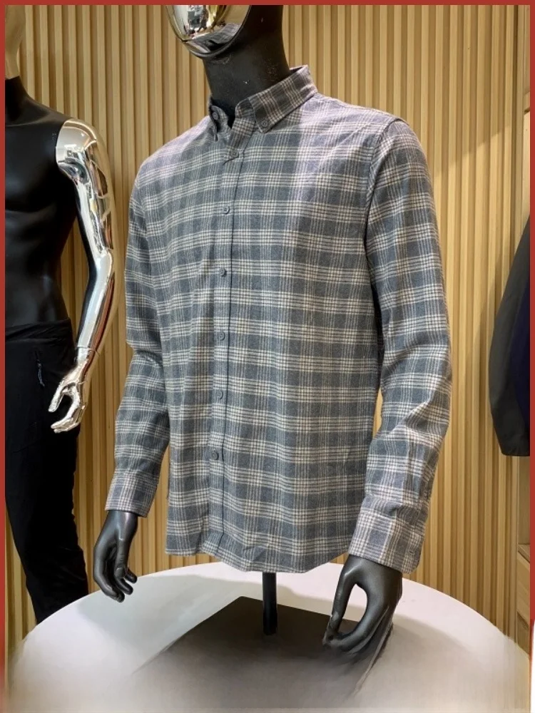 ウェイドコットンチェック柄メンズ快適通気性カジュアルロングスリーブ秋冬新作スタンドフィットボタンアップ