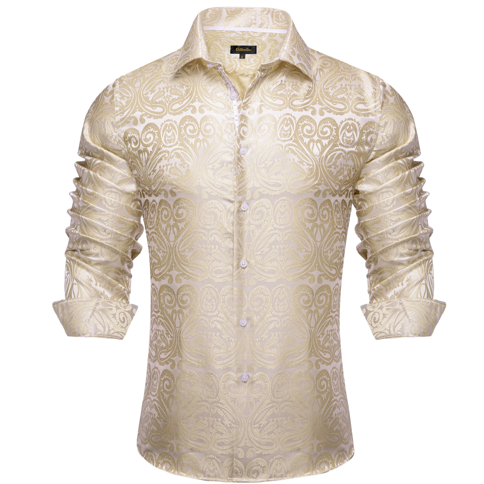 

Beige Paisley Solid Silk Polyester Luxury Long Sleeve Dress Shirts for Wedding Prom Turn Down Collar Shirt Brand Men Clothing