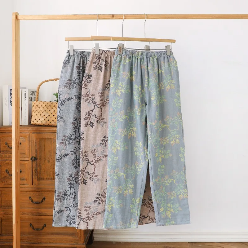 Beach Print Lounge Wear Women's Cotton Double Layer Yarn Retro Gauze Home Pants Elastic Waist Casual Bottoms Pajamas Pant