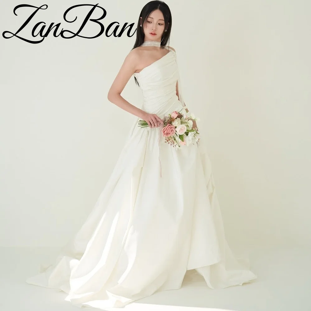ZanBan Customized Satin Straplesss A-Line Wedding Dresses Floor-Length Sweep Train with Bib Design Korea Party Dress 2026 New