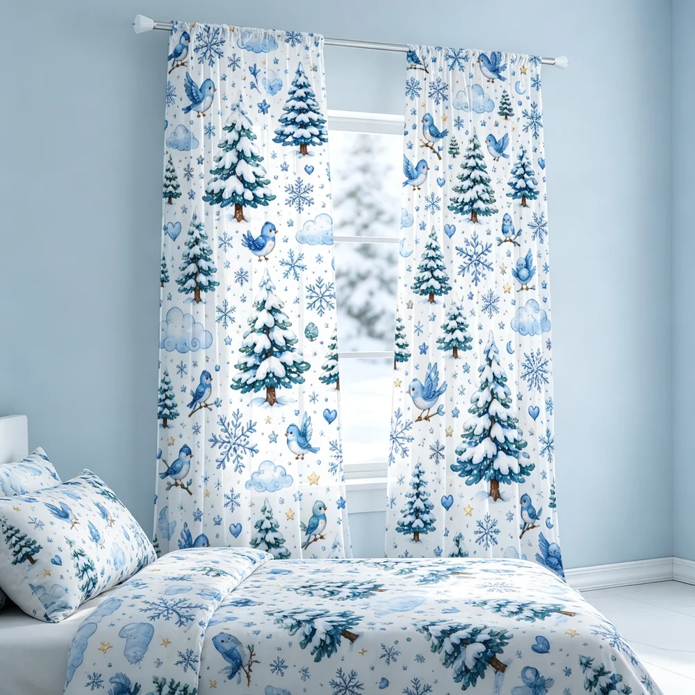 Curtain Rods - 2 шт. рождественских штор, синие птицы,
