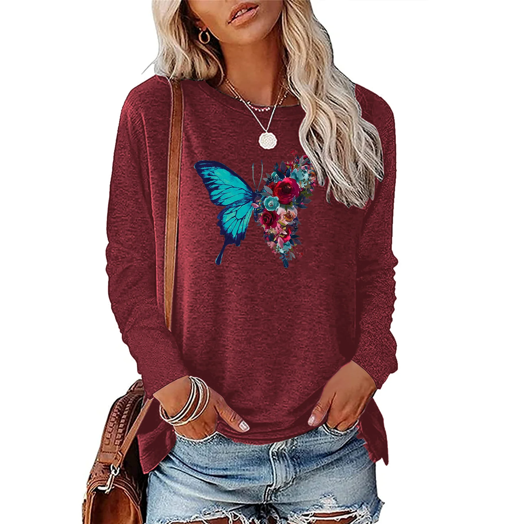 Retro beautiful half butterfly half rose printed women\'s long sleeved T-shirt