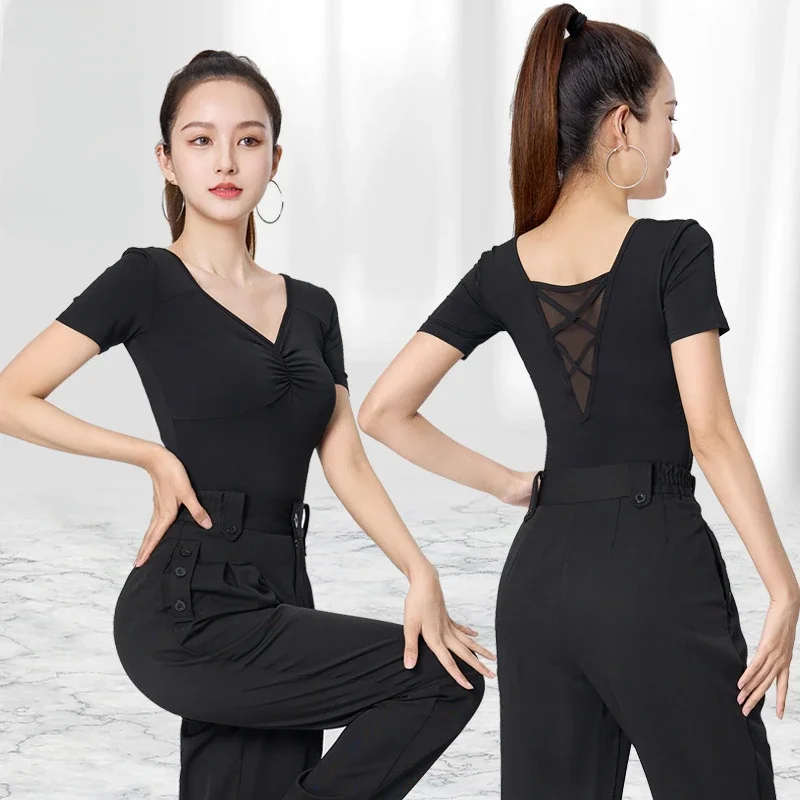 

National standard Latin dance top short sleeved black modern dance clothes women ballroom dresses for women