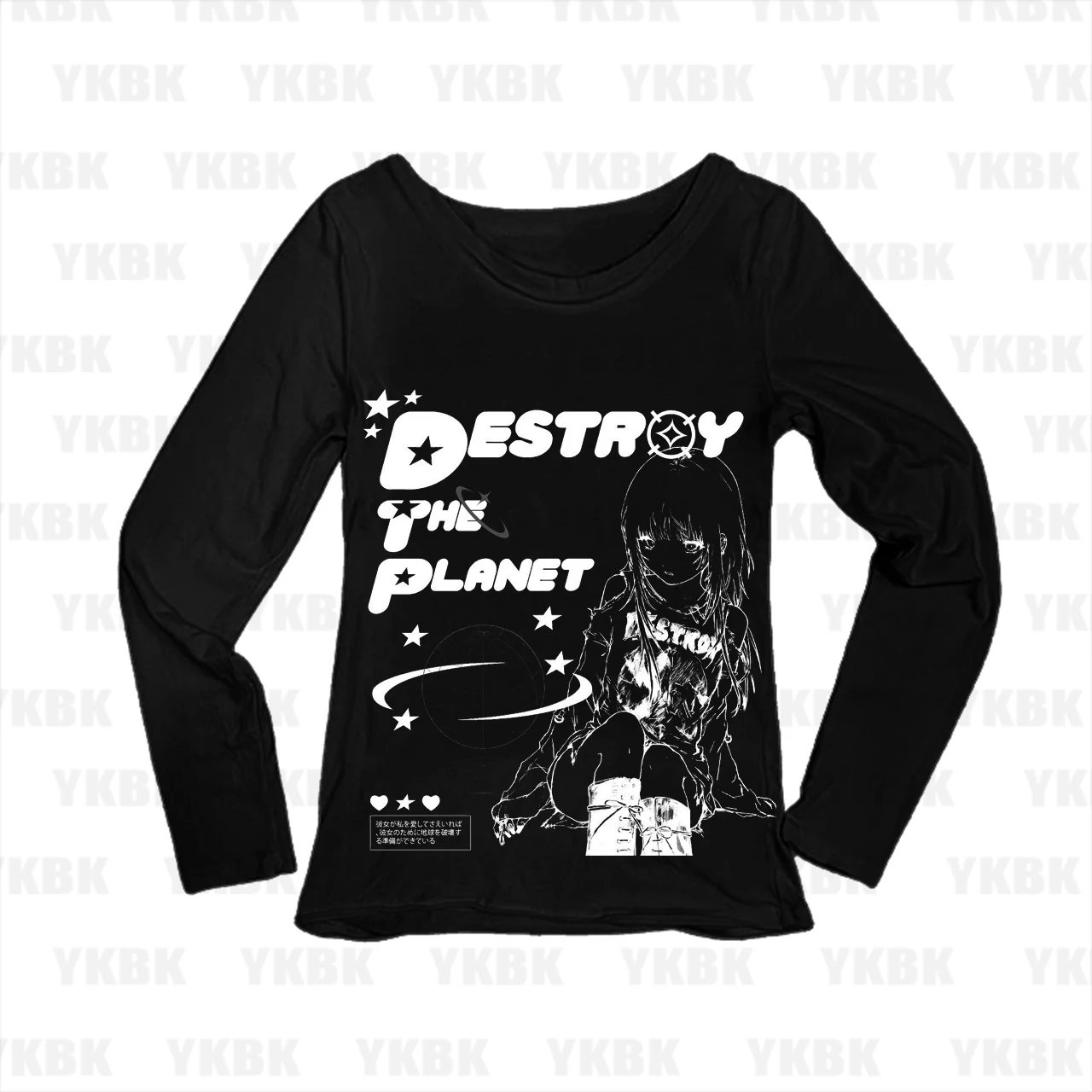 Y2K Anime Women Long Sleeve T‑shirt Destroy The Planet Graphic Slim Fit Gothic Streetwear Tops