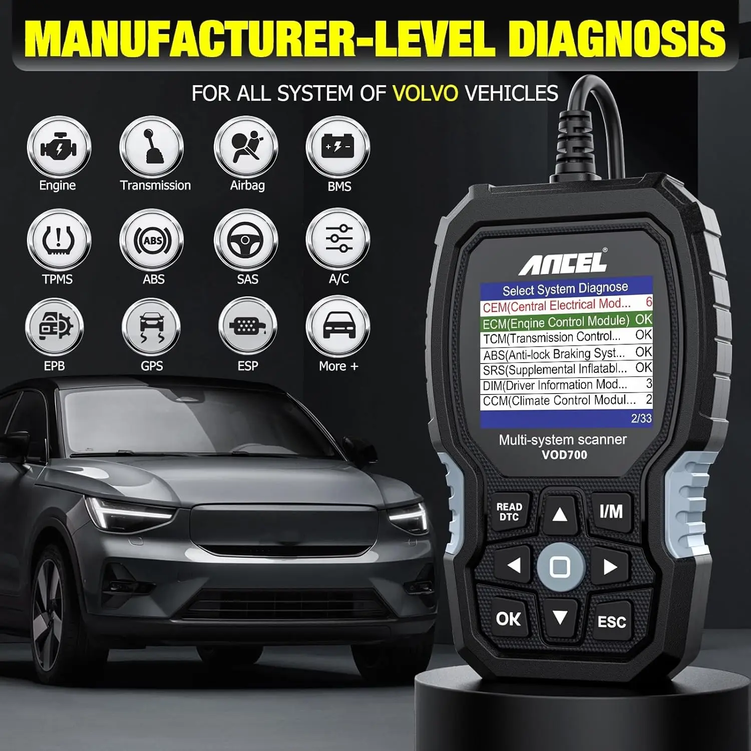 ANCEL VOD700 Skaner OBD2 do Volvo Car Code Reader Diagnostic Scan Tool ABS Bleeding Injector Oil ETC BMS EPB TPMS DPF Reset