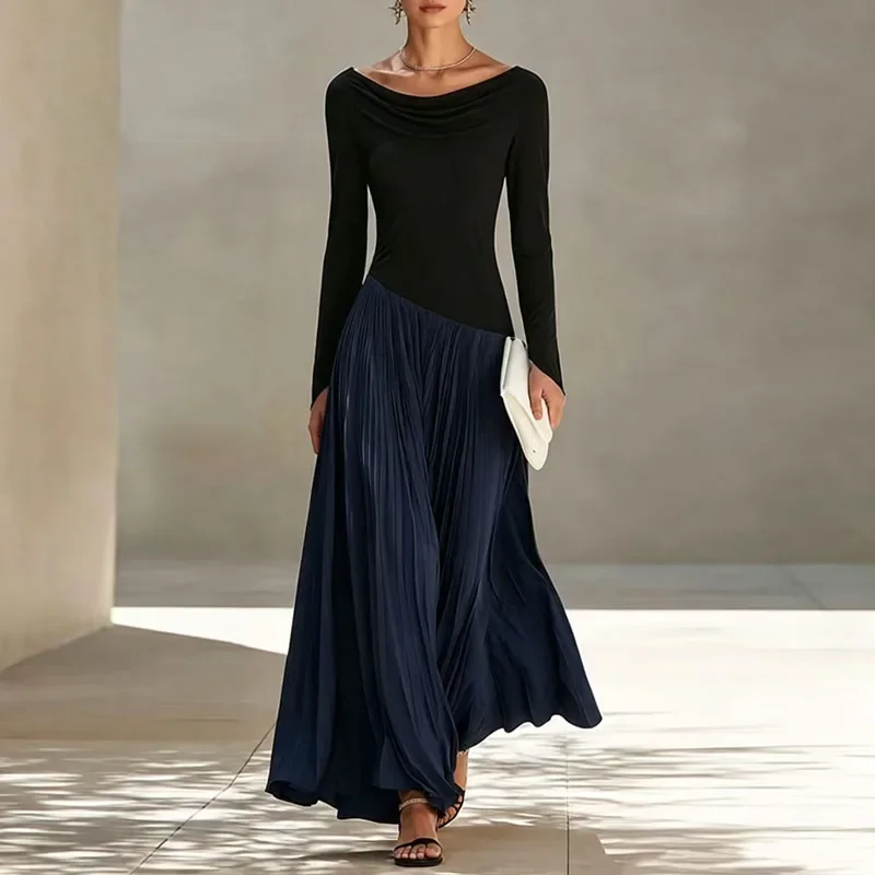 Round Neck Spliced Pleated Maxi Dress Women Long Sleeve Slim Top High Waist Wrinkle Flowy Dress New Formal Banquet Elegant Dress