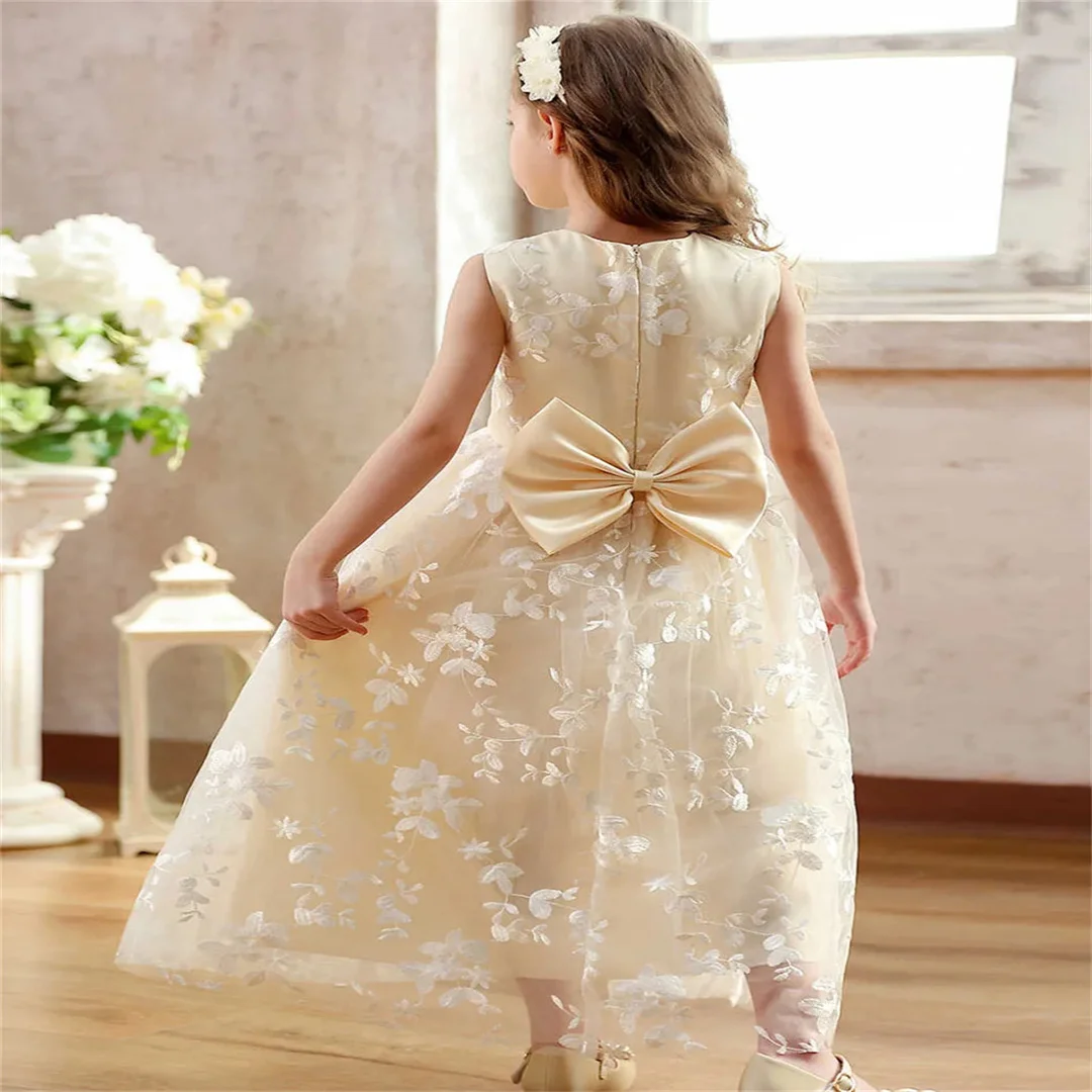 Vestido largo de tul con flores para niña, vestido recto con bordado de flores para niña, encaje, informal, elegante, sin mangas de princesa