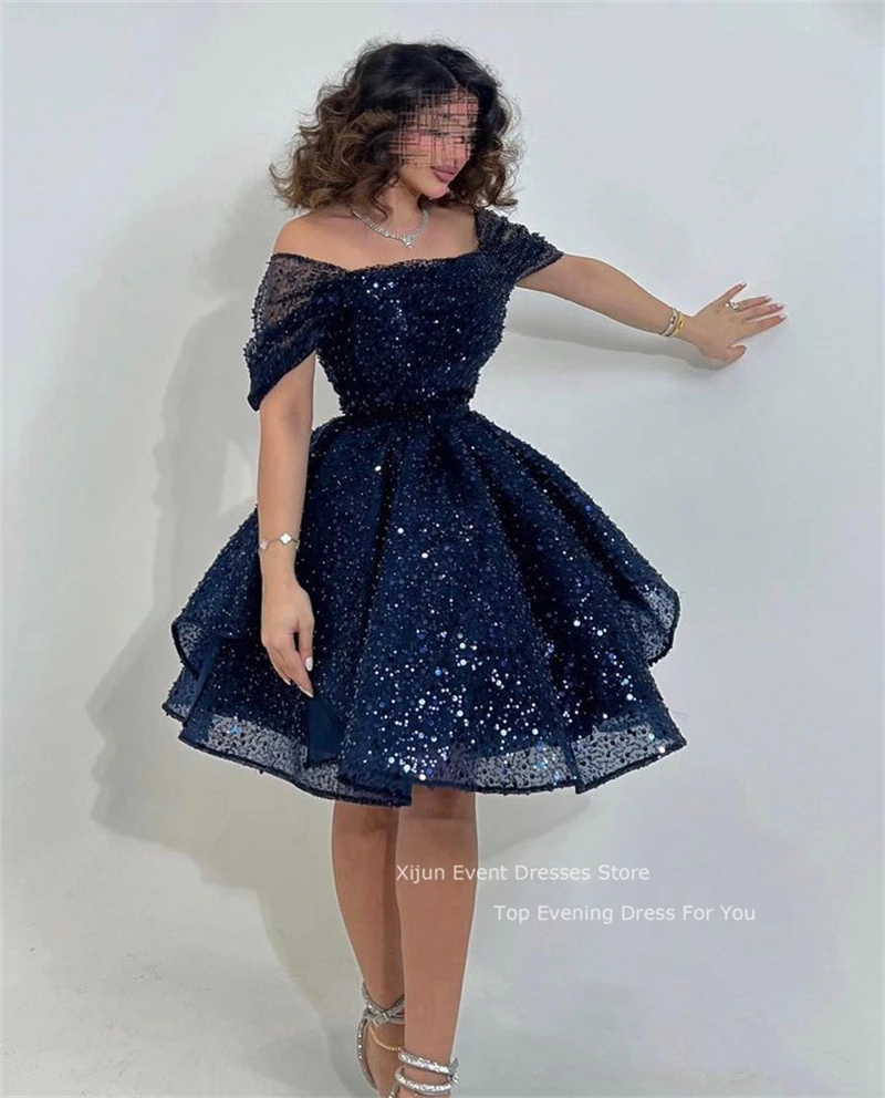 

Xijun Navy Blue Glitter Evening Dresses Sequined Short Wedding Party Dresses Formal Prom Gowns A-Line Party Dresses vestidos de