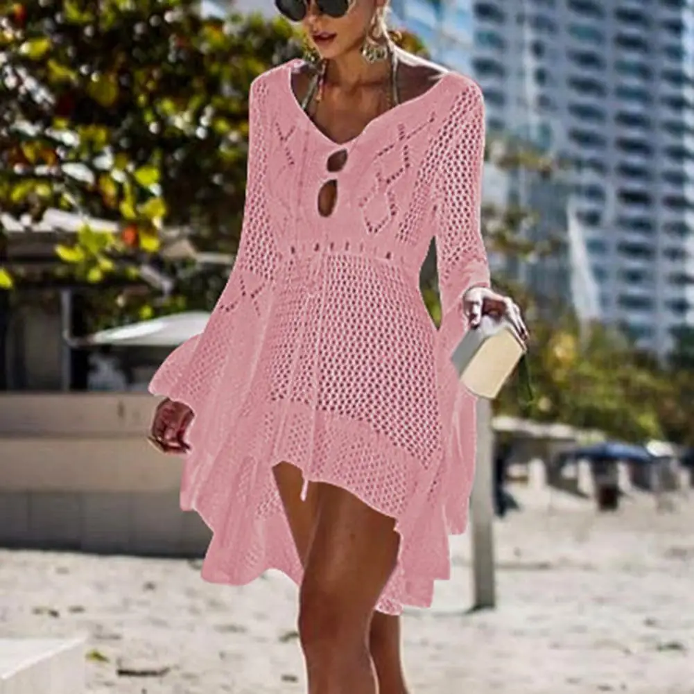 Sexy Women’s Bathing Suit Beach Cover Up Hollow Out Knitted Women Flared Sleeves Solid Color Beach Dress saida de praia