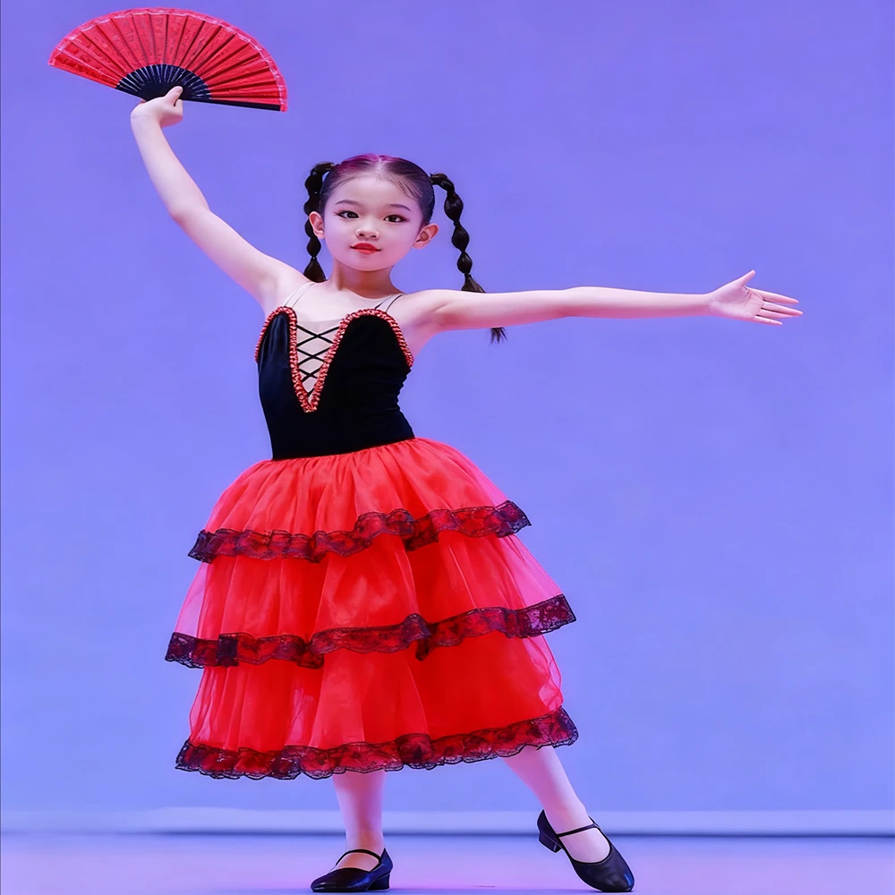 Robe de Ballet pour filles, Tutus romantiques longs, robe espagnole rouge, vêtements de ballerine pour enfants, vêtements de Ballet pour femmes