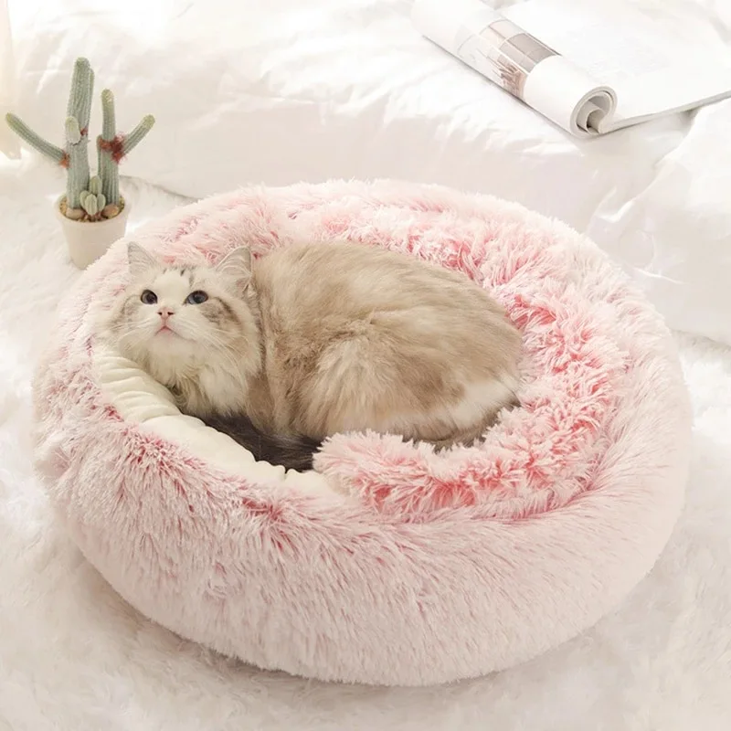 

OUZEY Donut Round Long Plush Pet Cat Bed Half-enclosed Warm Cat Nesk Comfortable Sleeping Puppy Bed Cushion Washable Cat Home