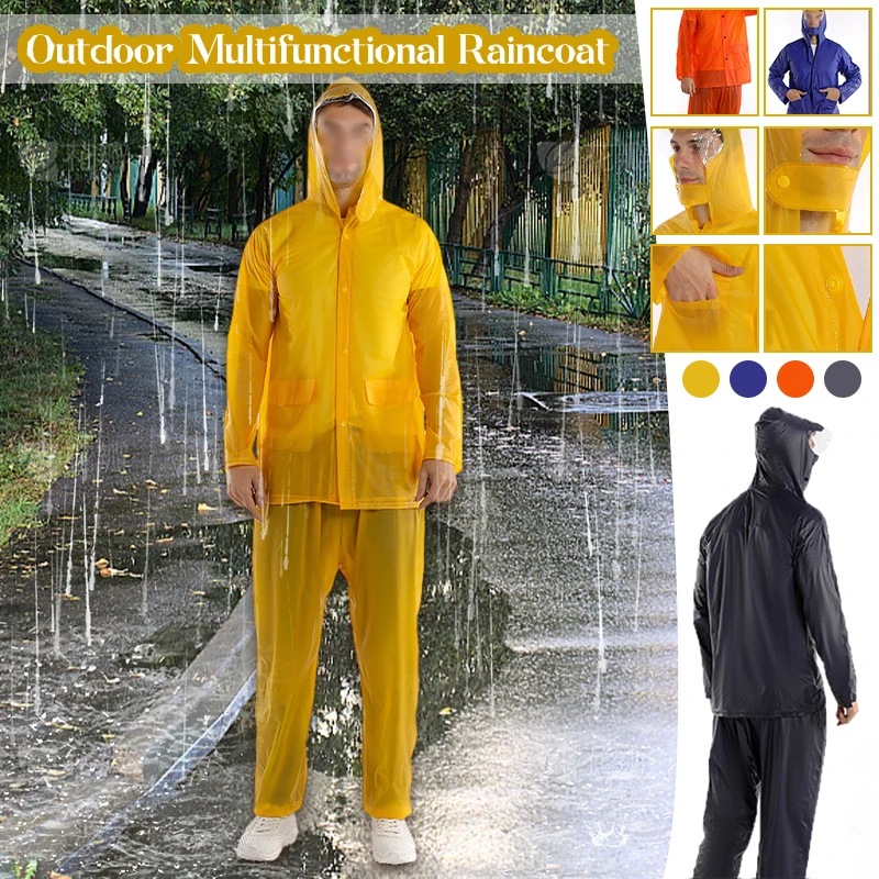 1 Set Adult Rain Ponchos Unisex Hooded Raincoat For Hiking Camping Rain Ponchos PVC Men Women Travel Raincoat Jacket Pants Suits