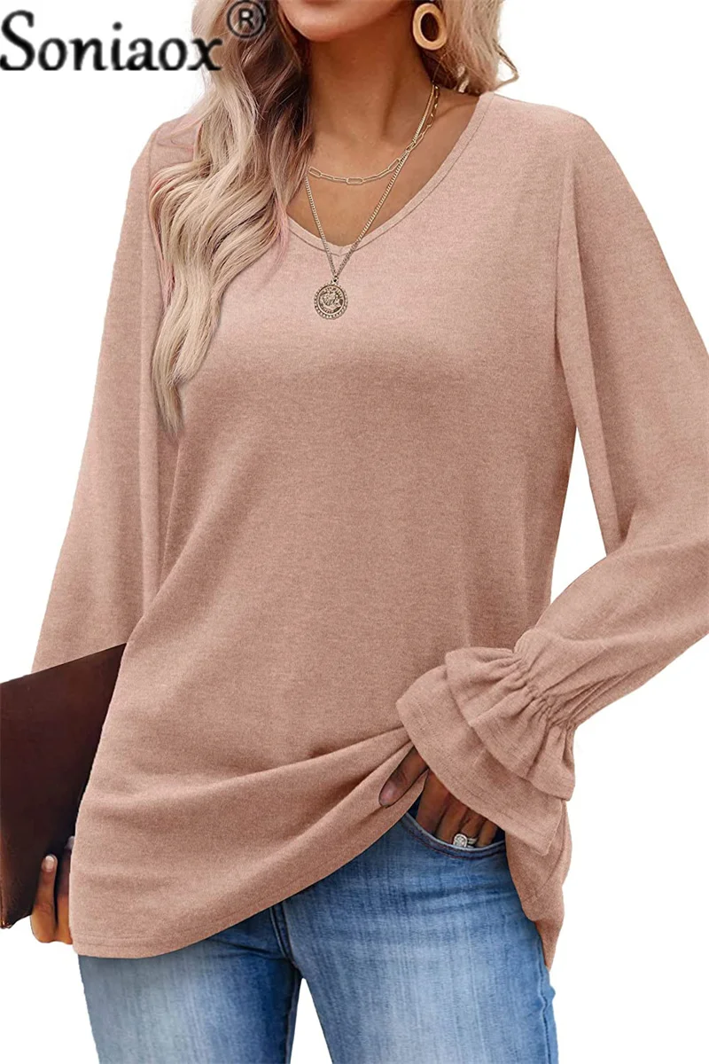 

Fashion Flared Long Sleeve Solid Colour Women Tops 2022 Autumn Winter New O-Neck Loose Comfort Casual Office Female Tees T-Shirt