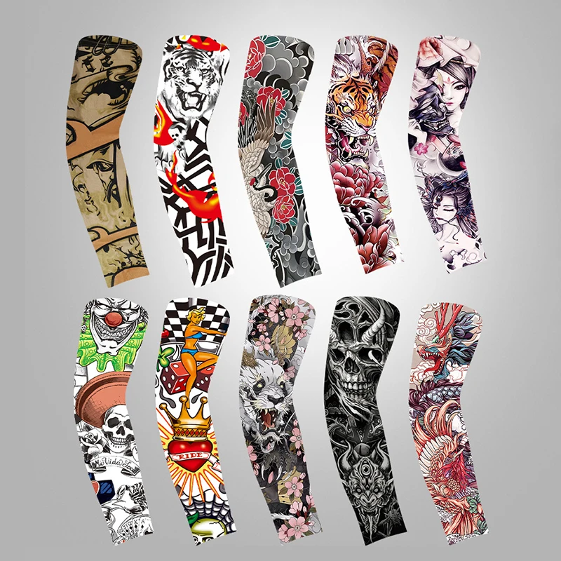 1 Pc Summer Tattoo Sleeve UV Solar Arm Cover Cycling Cuff Quick Drying Cool Breathable Ice Silk Anti-Sunburn Print Tattoo Sleeve