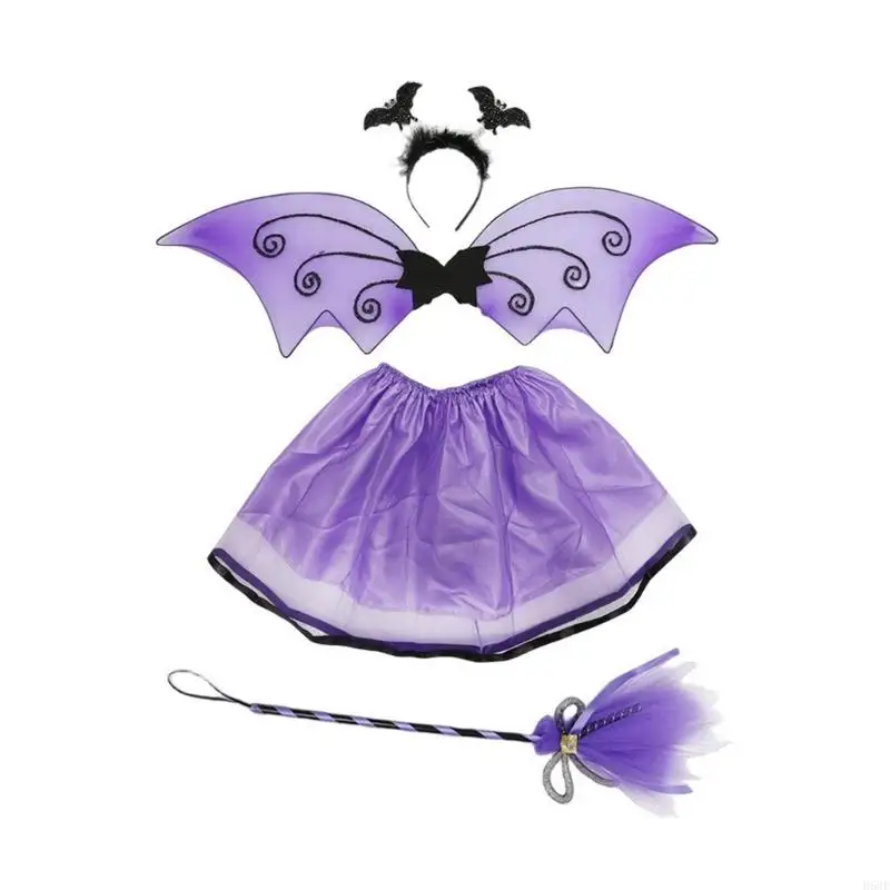 H58E 4Pcs Bat Wing Tutus Skirt Wands Bat Headbands Halloween Bat Costumes Set