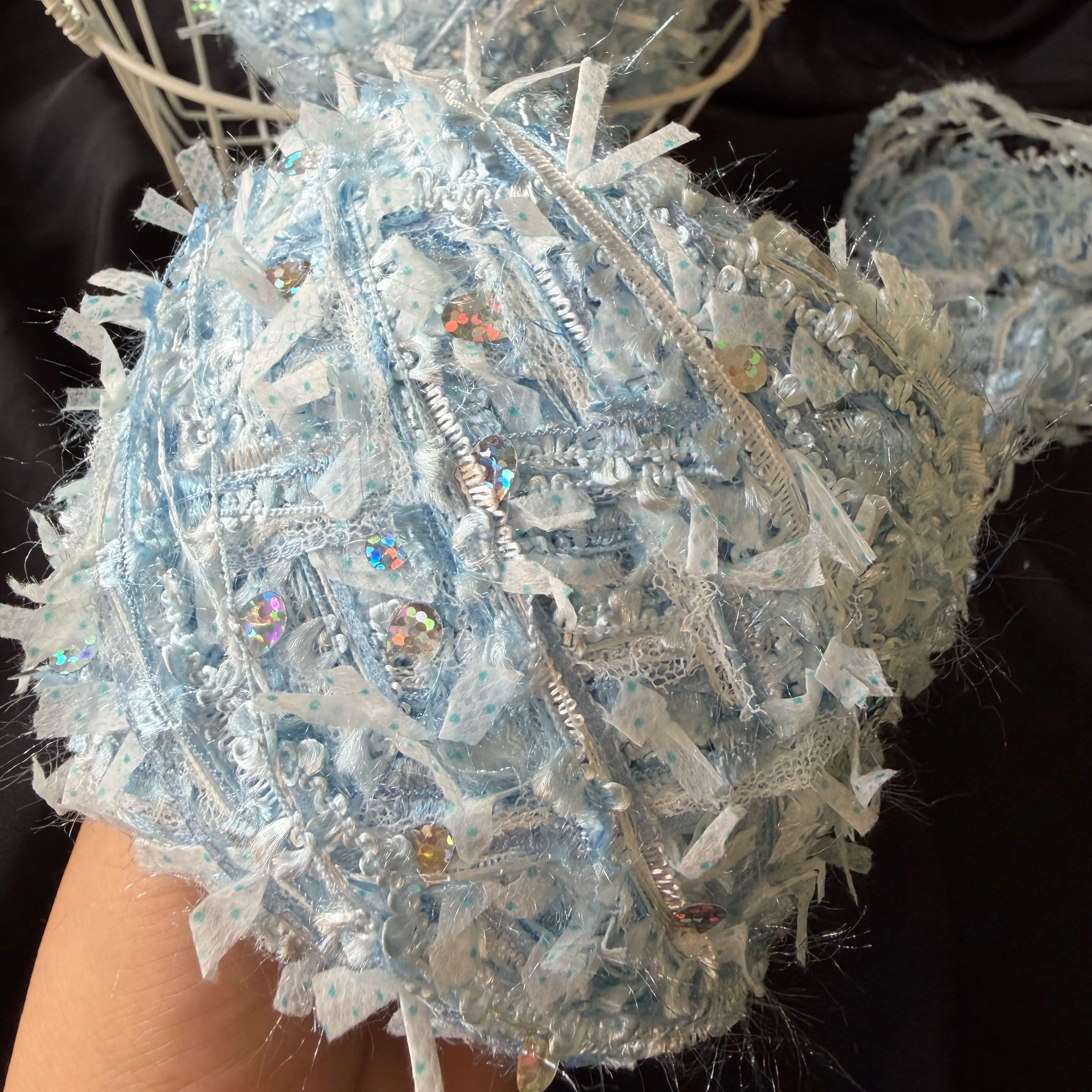 100g Per Skein Ice Blue Sequin Lace Hand Blended Yarn Fluffy Fancy Yarn for Crochet Knitting DIY Bag Scarf Craft