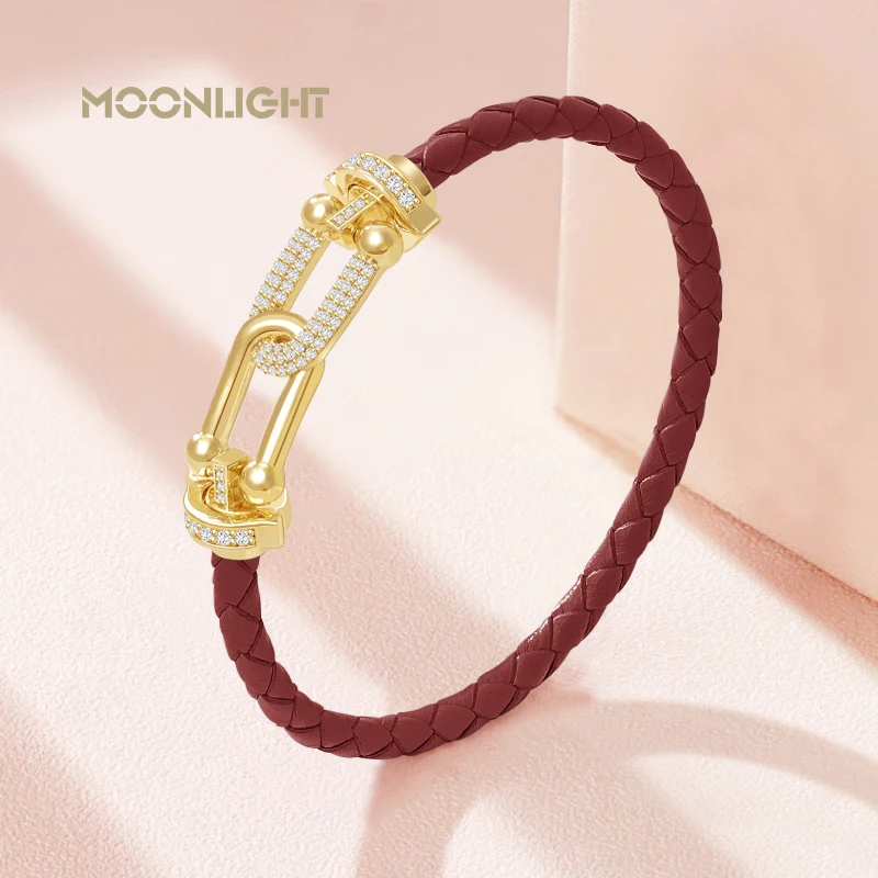 MOONLIGHT Classic Design U-Shape Zircon Bracelet for Women Genuine Braided Leather Charm Bracelet Female Jewelry Gifts 8 Colors