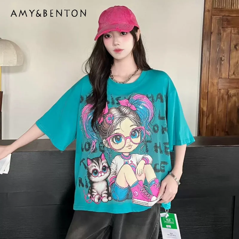 

2026 Summer New Trendy Brand Loose Rhinestone Cartoon Hot Girls Pattern Cropped Crew Neck Short Sleeves Casual T Shirt For Women