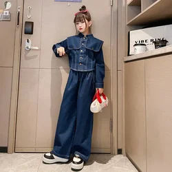 Korean Autumn Winter Elementary  2pcs Suit Junior  Denim Outwear Large Lapel Coat Teenager  Jeans Trousers Girl 2pcs