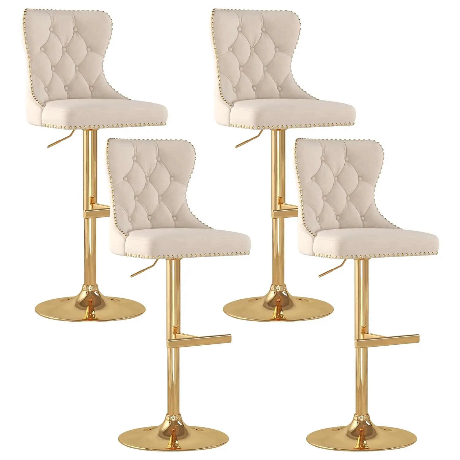 

Набор из 4 барных стульев, велюровые поворотные стулья для барной стойки с обивкой, регулируемое сиденье с декоративными заклепками, на заказ