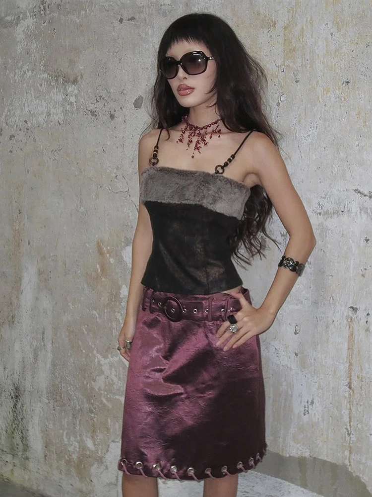 

Cutenew Sexy Hottie Vests Women Plush Patchwork Tie-Dye Print Ring Bead Decoration Midnight Classic Hip Hop Style Streetwear