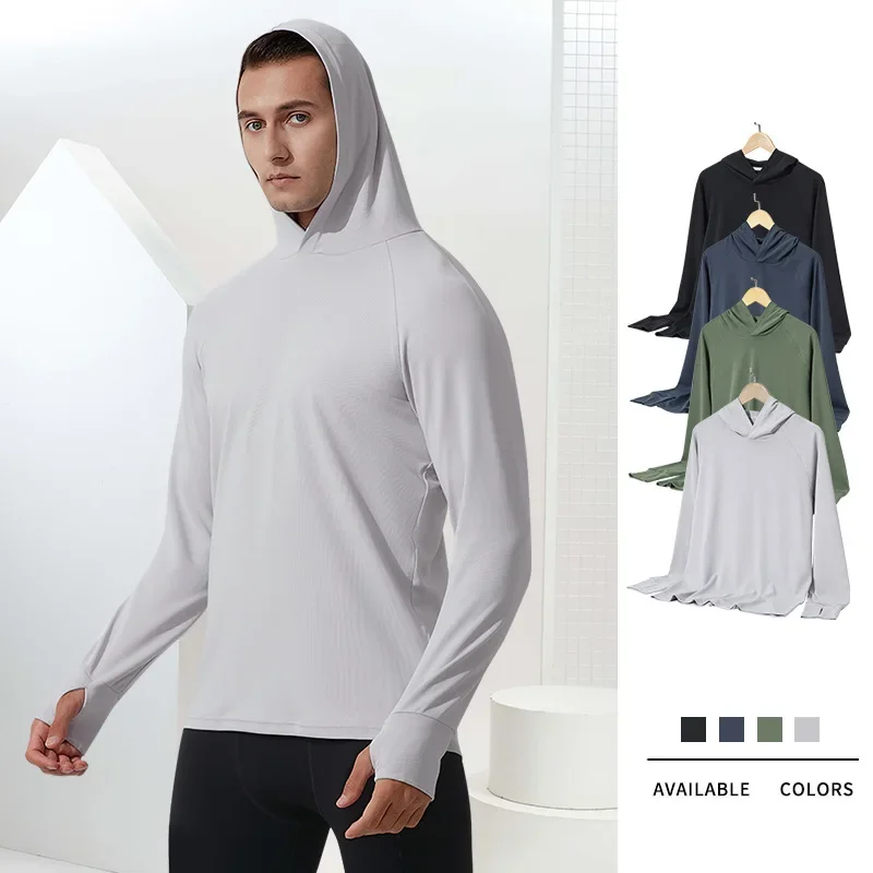 2024 Sports Long Sleeved Sweatshirt for Man Sports Fitness Gym Running Casual Pullover TopsNew Men Black Gray Hoodie Thumb Hole