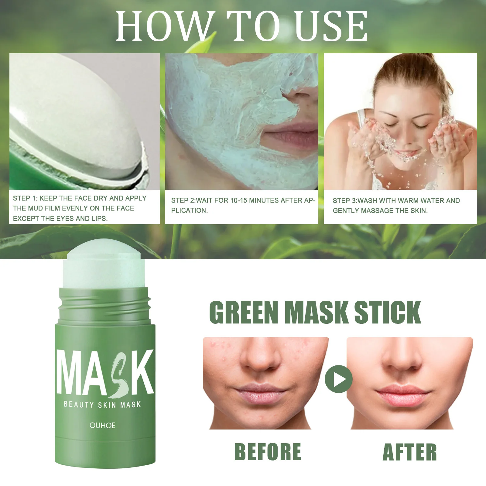 Masque au Thé Vert pour le Visage, Bâton Profond, Hydratant, Élimine les Pores et les Points Noirs, Contrôle de l'Huile, Cosmétiques, Maquillage