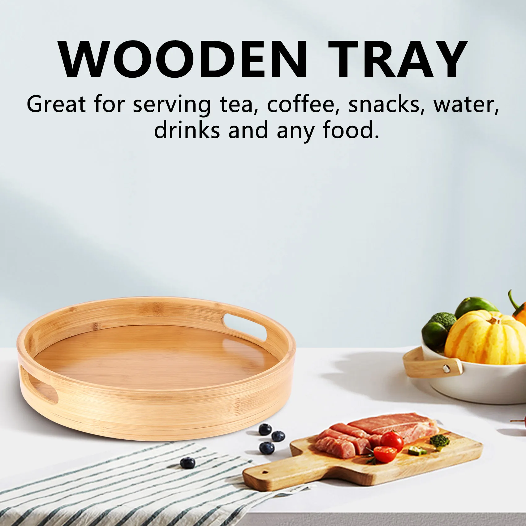 Hot Selling-Round Serving Bamboo Wooden Tray For Dinner Trays Tea Bar Breakfast Food Container Handle Storage Tray,Round Serving