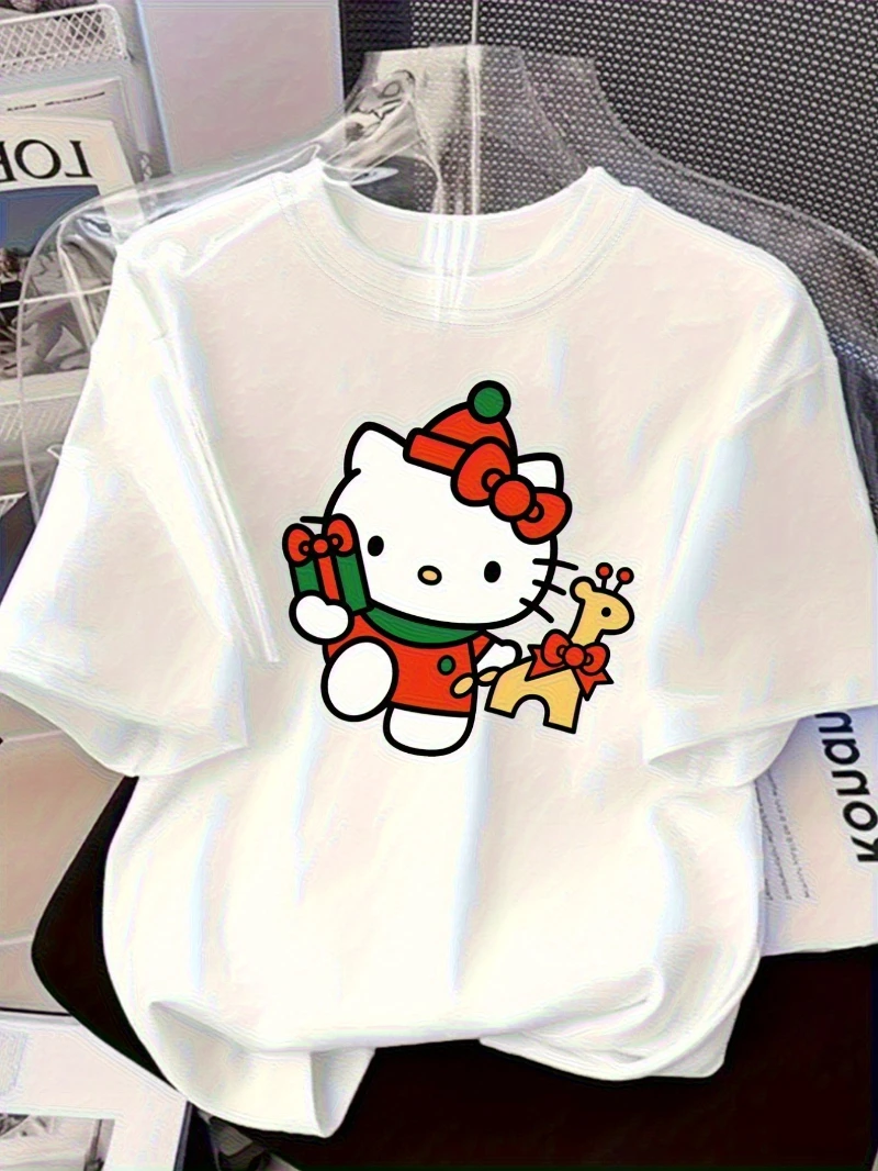 

Свободная женская футболка Sanrio Hello Kitty — милый розовый бант с принтом на лице Hello Kitty, летний топ с круглым вырезом и короткими рукавами