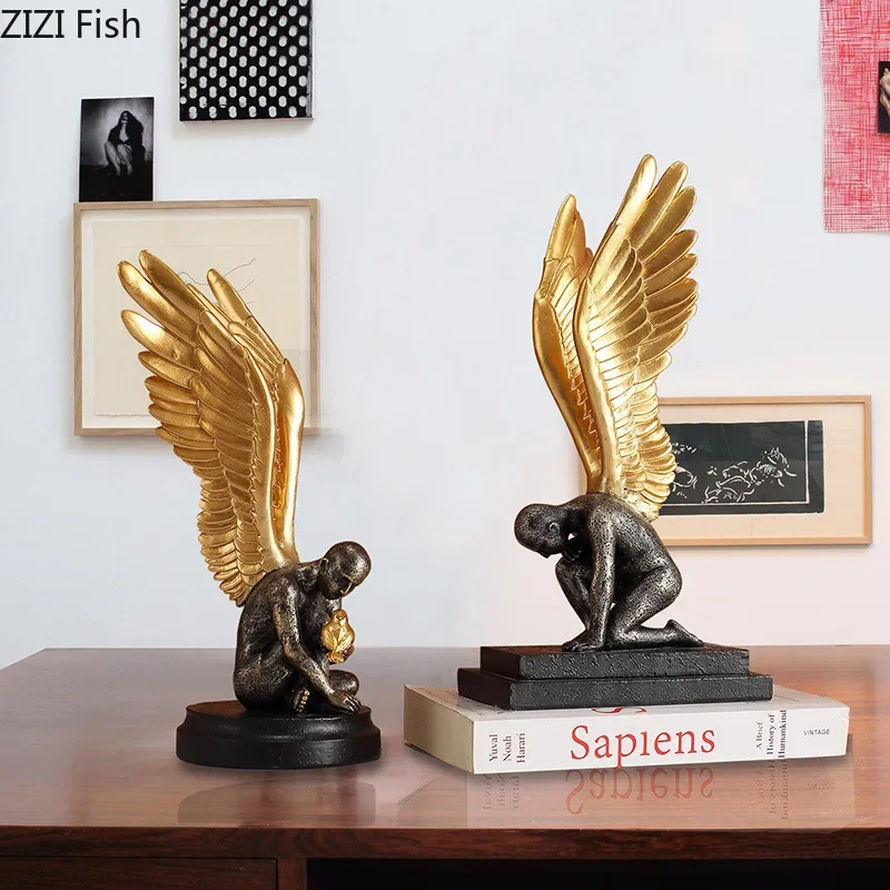 Golden Wing Silent Angel Figures Statue Desk Decoration Ornaments Abstract Character Resin Sculpture Room Aesthetic Decor