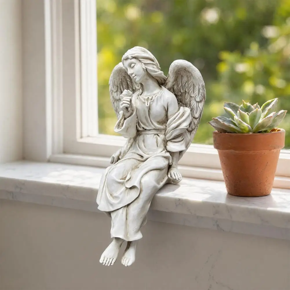 Weatherproof Resin Angel Figure Retro Winged Angel Statue Elegant Praying Angel Figurine Sitting Resin Sculpture for Outdoor
