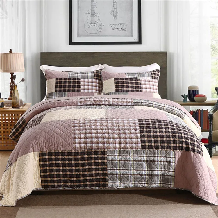 Patchwork-Baumwoll-Steppdecken-Set, 3-teilig, gesteppte Tagesdecke, Queen-Size-Bett, karierte Bettdecke, Decke im Schlafzimmer, Bettbezüge, Matratzenauflage – Detail 4