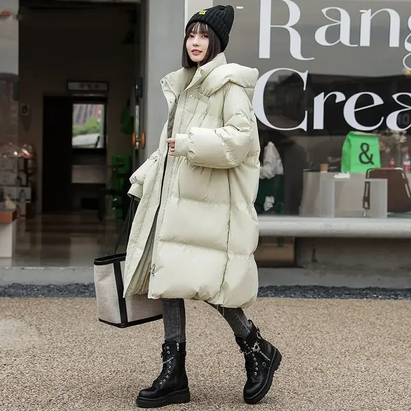 Korean Version of Ins New Down Jacket Female Long Fashion Loose Hooded Warm Over The Knee Fat MM Large Size Coat Simple Fashion