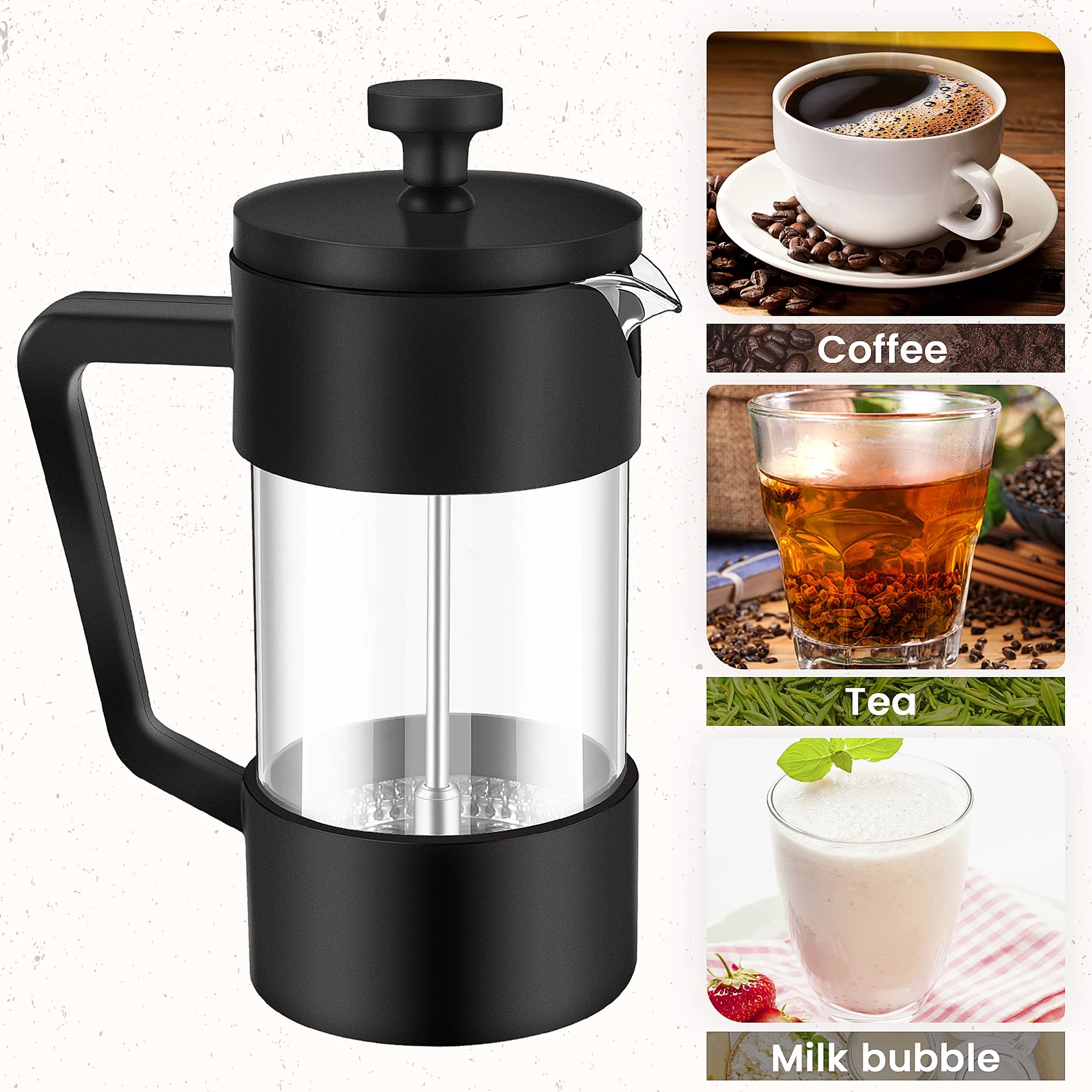 New A26P French Press Coffee & Tea Maker 12Oz, Thickened Borosilicate Glass Coffee Press Rust-Free and Dishwasher Safe,Black