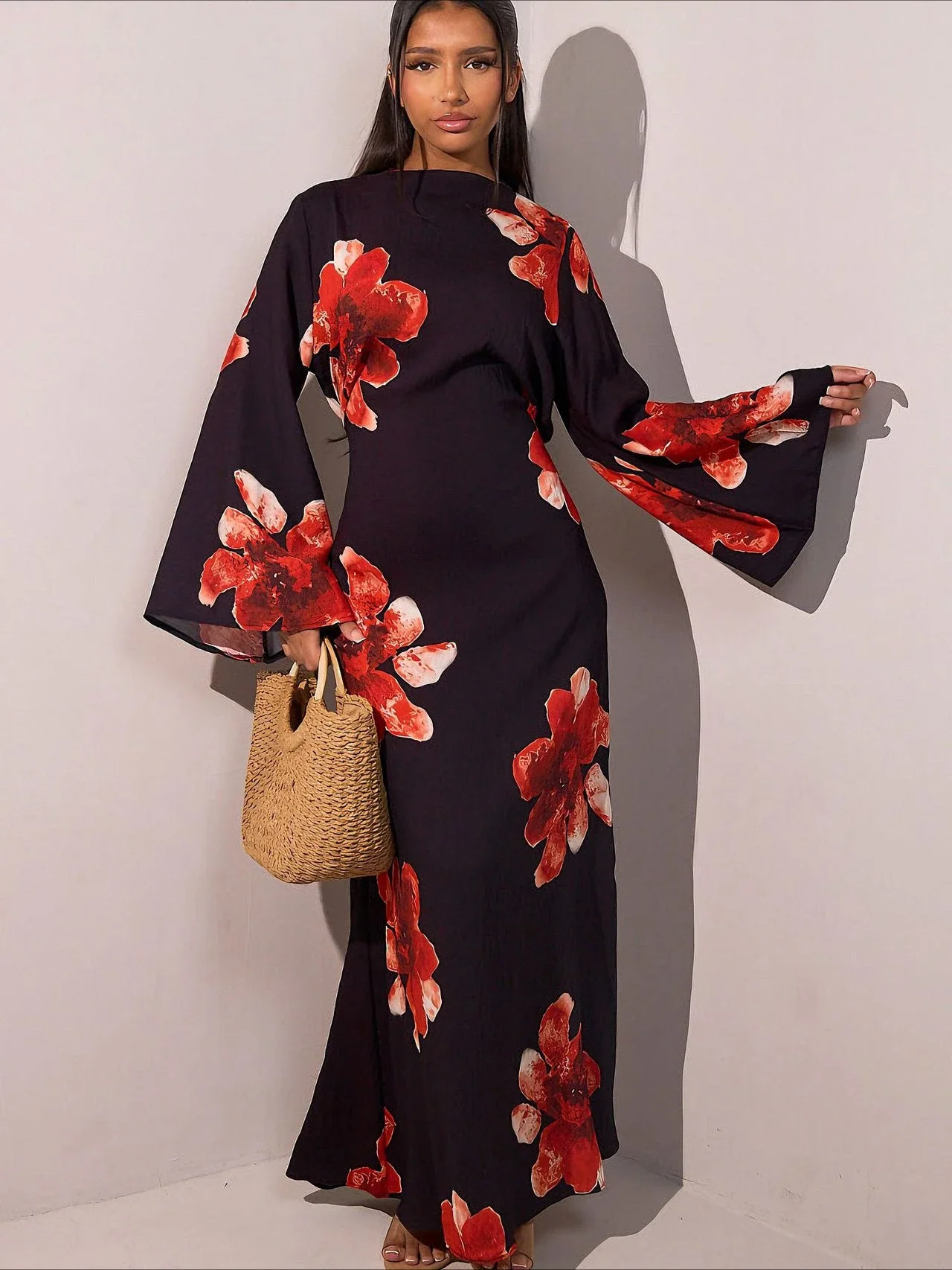 Women's Summer Floral Abaya Dress with Self-Tie Waist Long Sleeve Elegant Modest Muslim Kaftan Dubai Luxury Outfit for Eid 2026