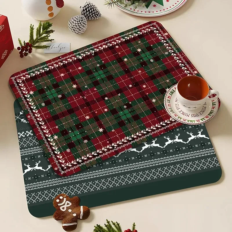 Vintage Christmas Kitchen Counter Drying Mat Water Absorption Non-Slip Heat Resistant Dish Drain Pad Holiday Kitchen Home Decor