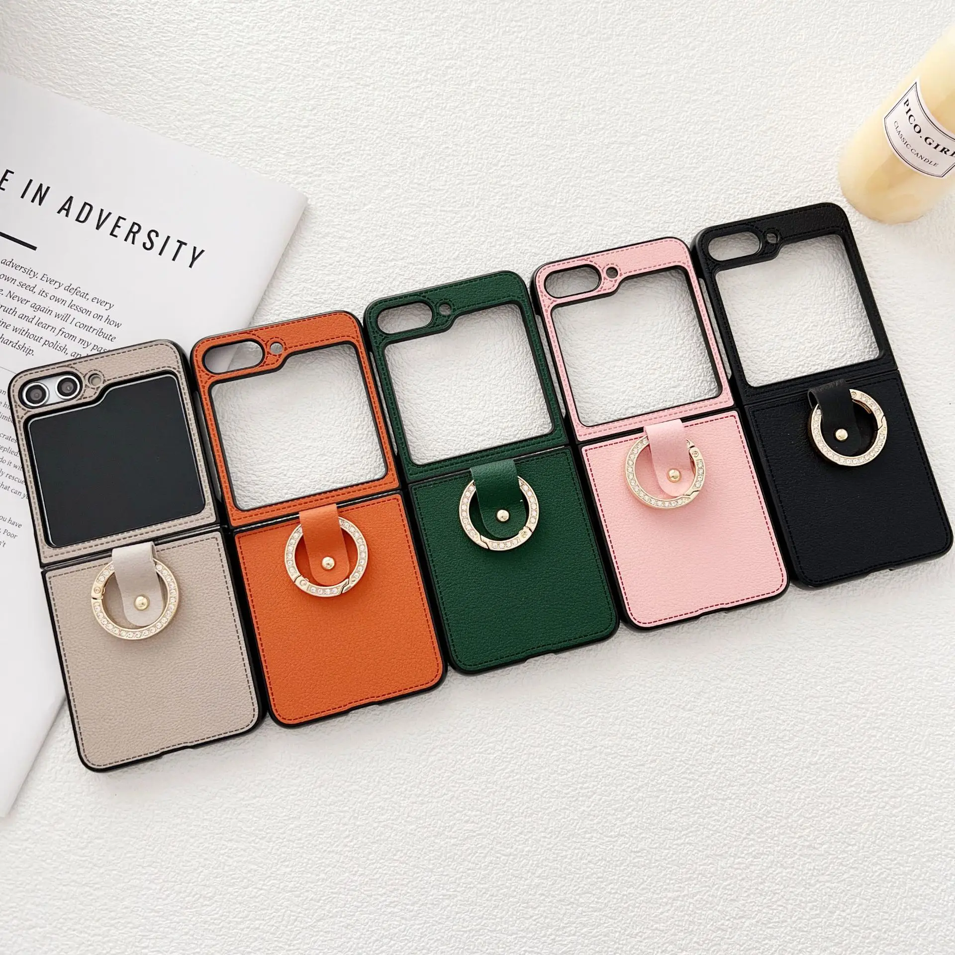 

Lichee Pattern Ring Case For Samsung Galaxy Z Flip 5 4 3 5G Luxury Fashion Leather Cover Anti-knock Cases for Flip5 f7310 Flip4