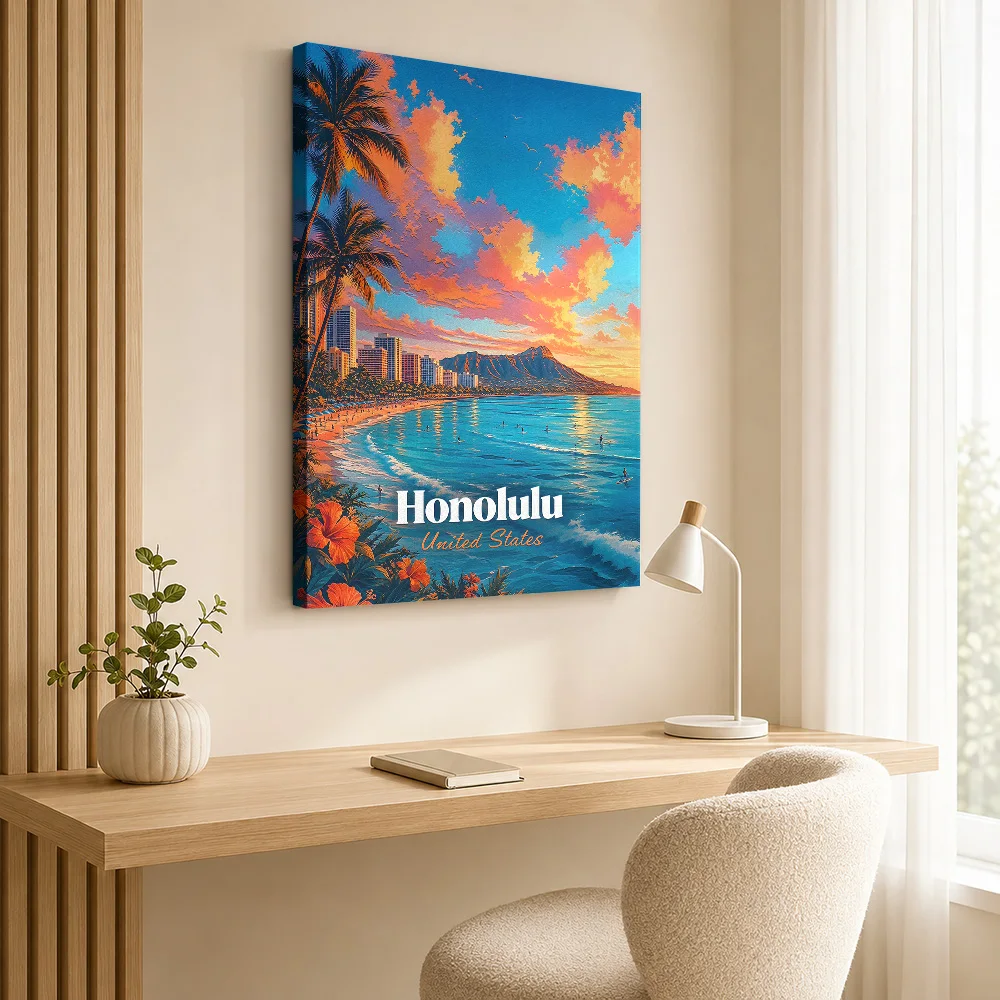 Honolulu Hawaii Sunset Travel Gallery Wrapped Canvas Print Customized Photo Retro Destination Design Wall Art For Living Room