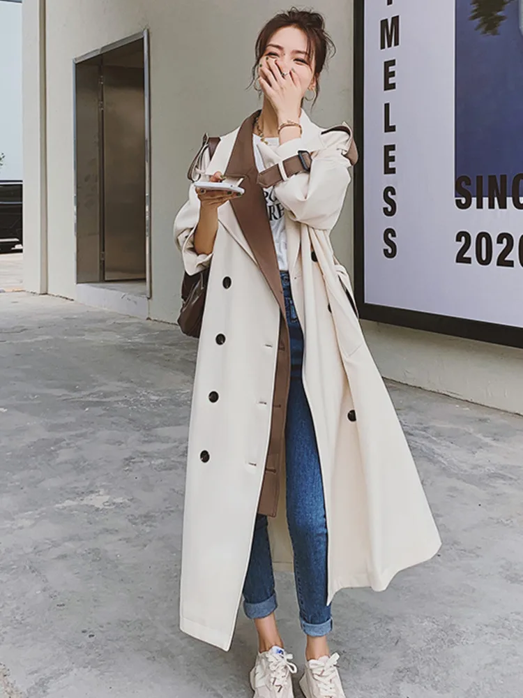 LANMREM Patchwork Windbreaker For Women Lapel Double Breasted Color Block Belt Trench Coat Female Fashion Clothes 2DA7020