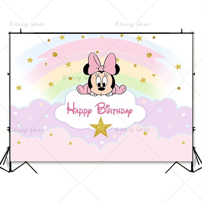 Disney Cartoon Minnie Mouse Backdrop Boy Girls 1st Birthday Party Decor Vinyl Photography Background Newborn Baby Shower Banner