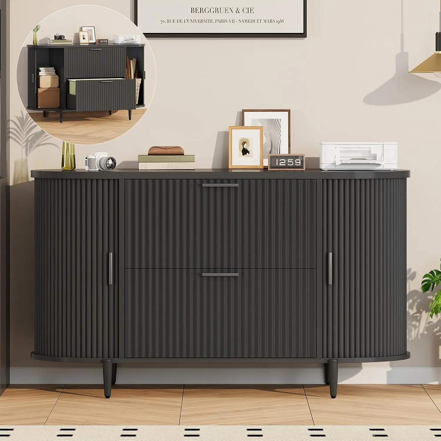 Fluted 2 Drawer File Cabinet with Sliding Door for Home Office, Customized