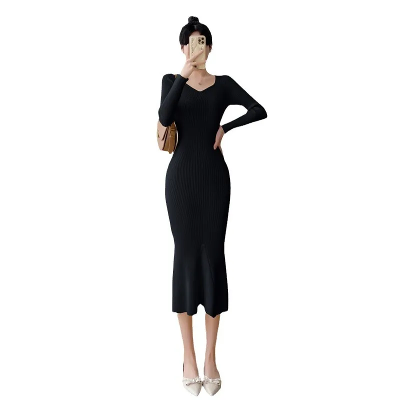 Vestido de cauda de peixe de malha camada base feminina inverno interior usar bodycon saia magro ajuste cintura vestido longo outono inverno cq415