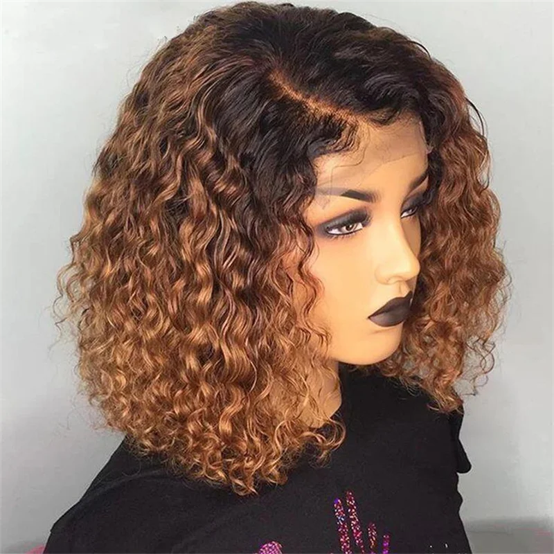 Short Soft 18“  Kinky Curly Ombre Brown 180Density Lace Front Wig For Black Women Babyhair Preplucked Heat Resistant Glueless