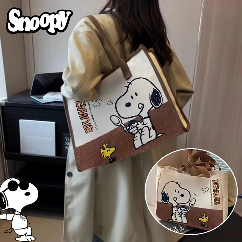 Snoopy Shoulder Bag Large Capacity Anime Canvas Tote Bags Women Work Commuting Student Book Storage Handbag Zipper Shopping Bag