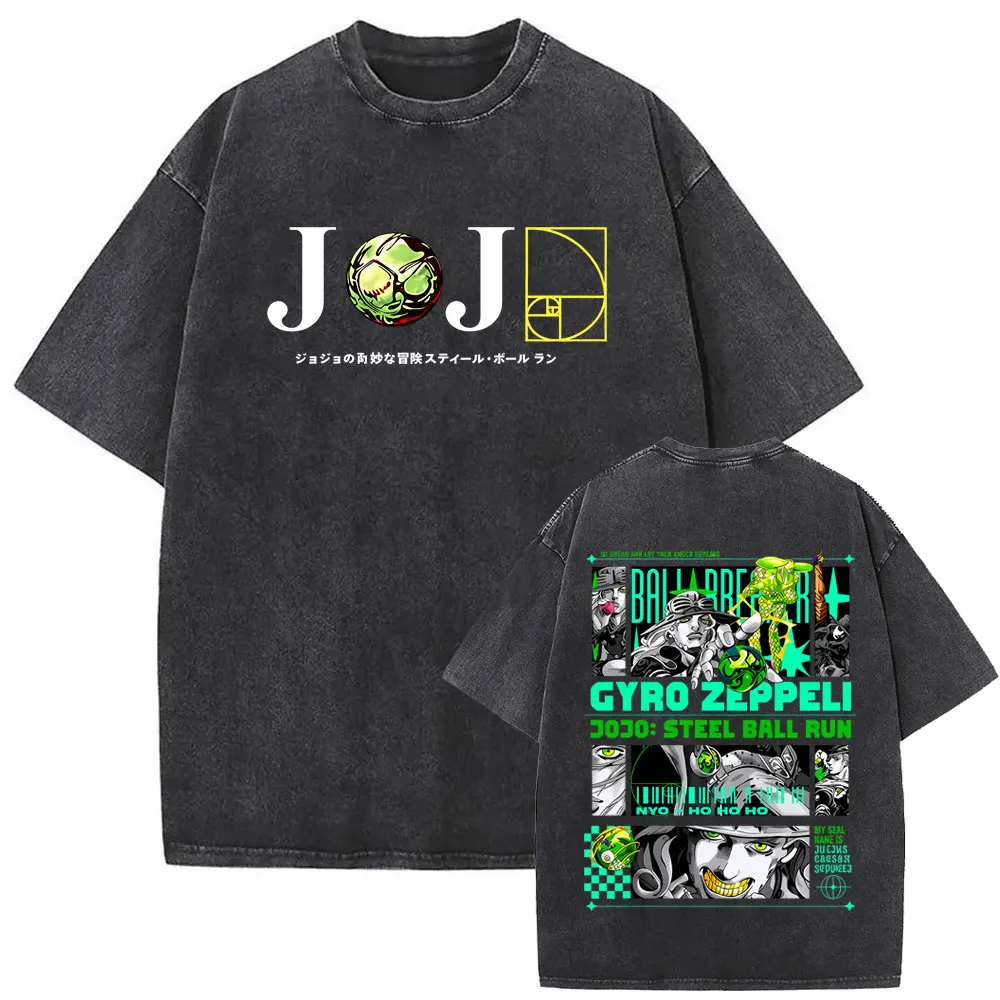 Washed Vintage Anime JoJo's Bizarre Adventure Steel Ball Run Gyro Zeppeli Graphic T-shirts Men's Manga Retro Oversized T Shirts