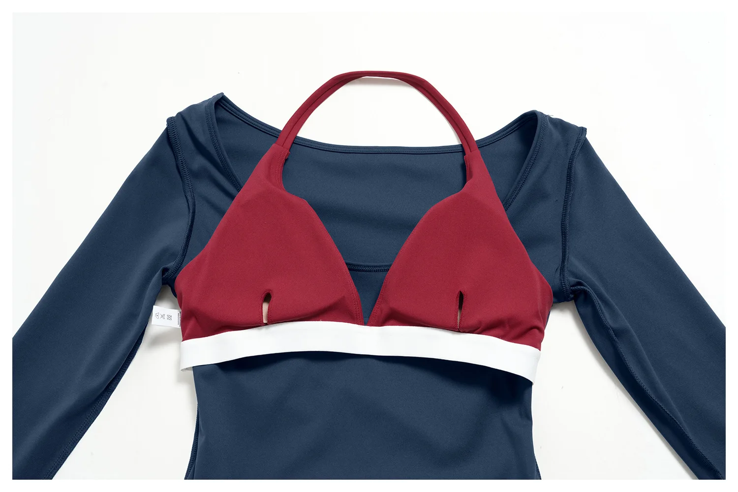 2-teiliger Yoga-Trainingsanzug für kurvige Frauen, kontrastfarbenes, dehnbares, langärmeliges Crop-Top, umklappbare Taille, weit geschnittene Hose, passendes Set – Detail 8