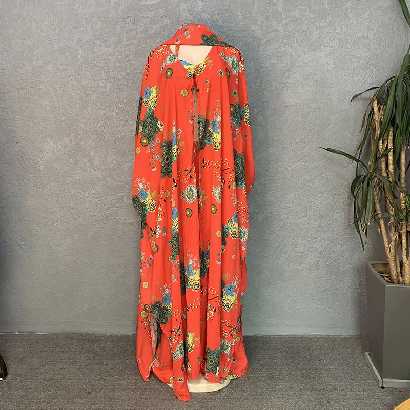 New Fashion Euramerican Women Style Batwing Sleeve Chiffon Suit Wide Leg And Cardigan Robe And Bra And Scarf Summer Beach Wear