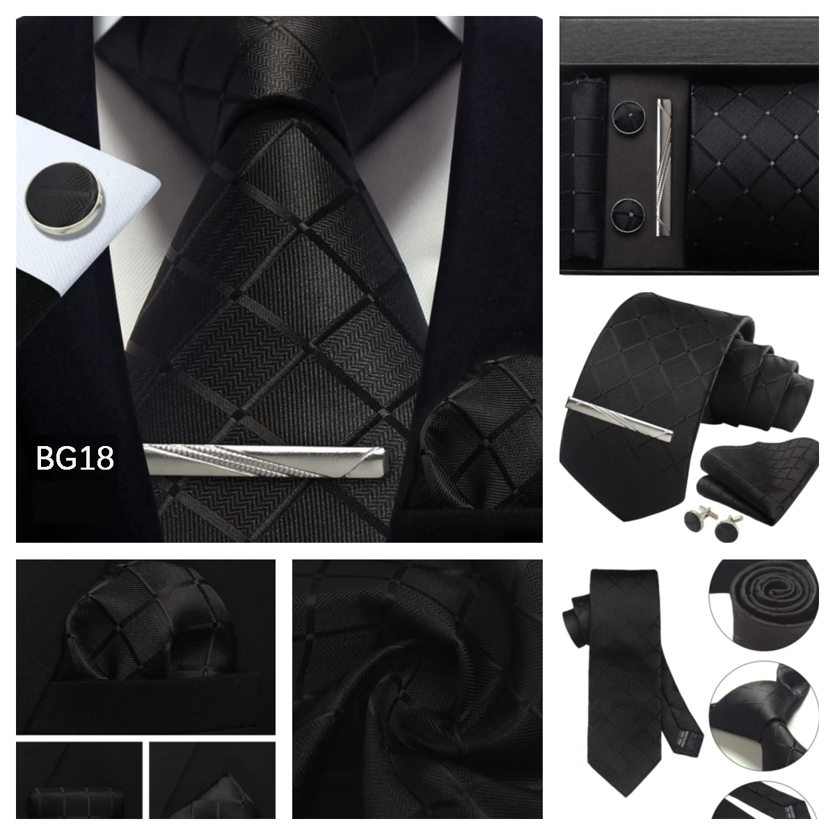 Klassische Herrenkrawatten aus 100 % Seide in Geschenkbox, 8 cm, kariert, gepunktet, gestreift, Business-Krawatte, Einstecktuch, Manschettenknöpfe, Hochzeitskrawatten-Set – Detail 15